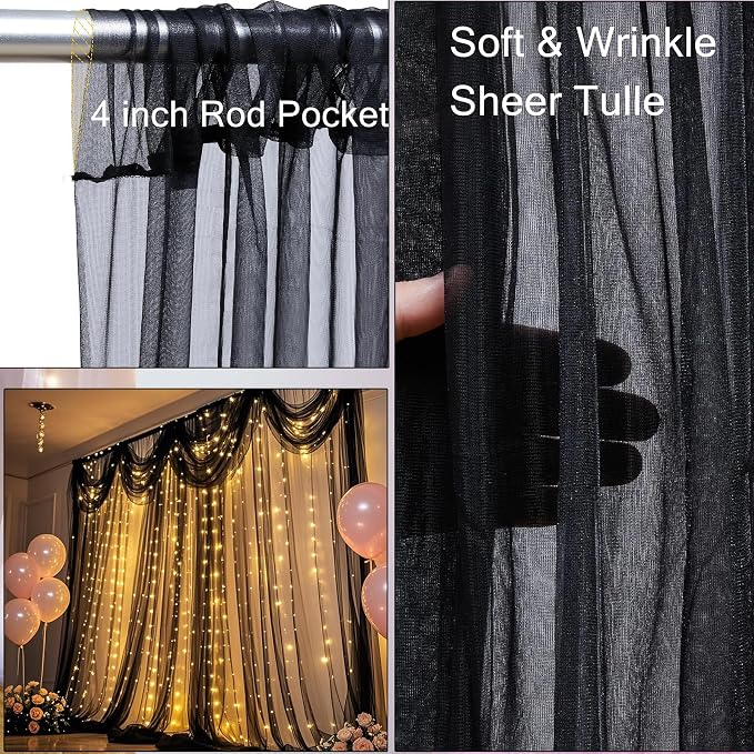 Black Tulle Backdrop Curtain with Lights Strings, Elegant Sheer Photo Backdrop Drapes, Soft Fabric Curtain for Weddings Brithday Parties Photography Background Decor, 10ftx8ft