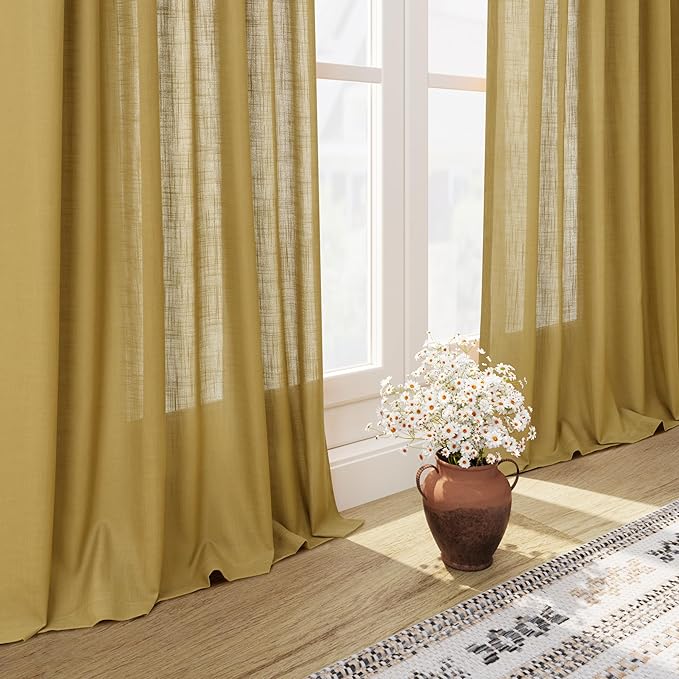 Gold Linen Curtains 90 Inch Long 2 Panels Set for Bedroom Living Room Linen Textured Window Drapes Semi Sheer Light Filtering Rod Pocket Back Tab Cotton Textured Farmhouse Curtain 52x90