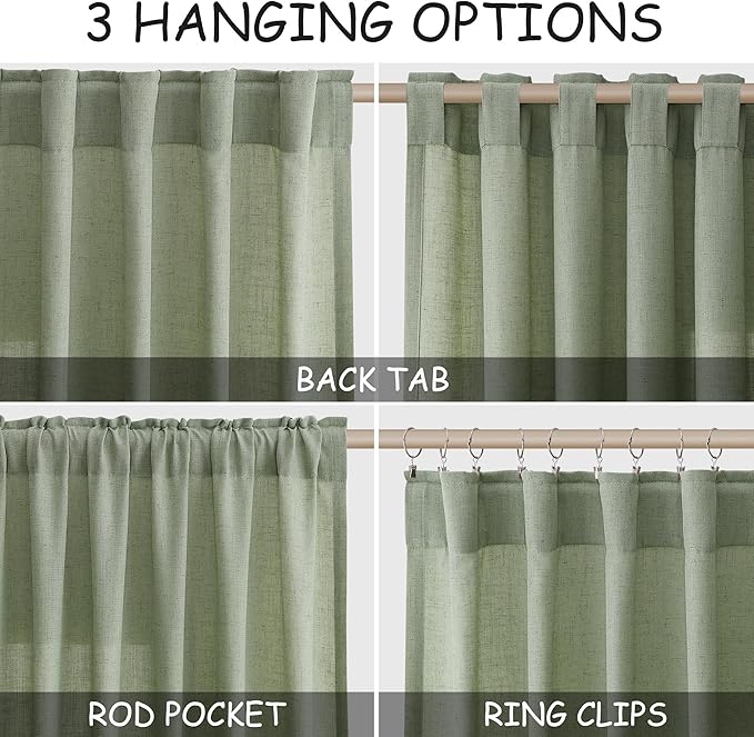 Light Sage Linen Curtains for Living Room 63 Inches Long 2 Panel Set Light Filtering Linen Drapes for Kitchen Windows Rod Pocket Back Tab Short See Through Curtain Country Farmhouse Decor 52x63