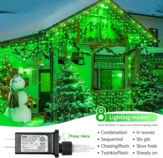33FT 300 LED Icicle Christmas Lights,Waterproof 8 Modes Plug in Curtain Lights with 50 Drops,Green Christmas String Lights for Indoor&Outdoor,Wedding,Party,Bedroom,Home,Wall Decorations