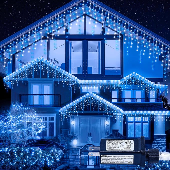 Icicle Lights Outdoor Decorations 300 LED 33ft 8 Modes Curtain Fairy String Light with 50 Drops, LED String Light Indoor for Wedding Party Holiday Christmas Decorations,Blue+White
