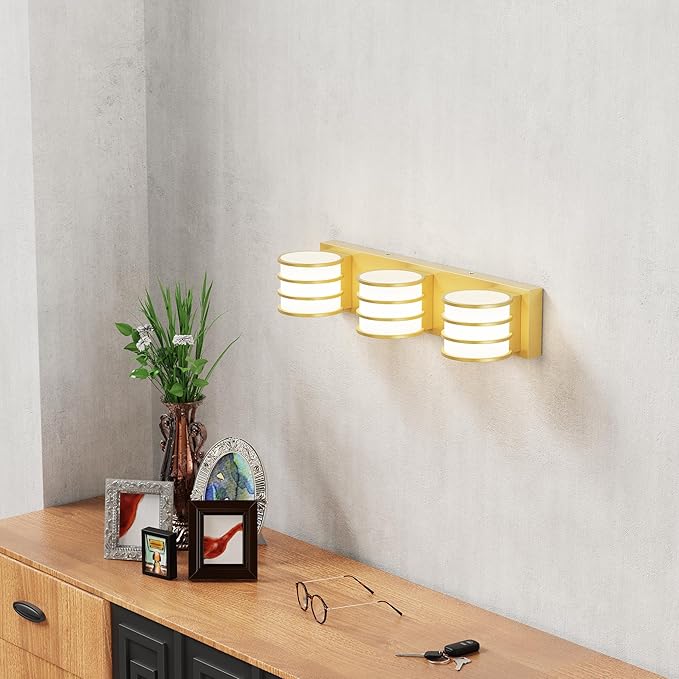 LED Bathroom Vanity Light - 20.5 Inch Gold 3-Light Fixture with White Acrylic Shades, 6000K Cool White, Mirror Lighting for Bathroom, Bedroom, Hallway, Living Room Wall Sconce