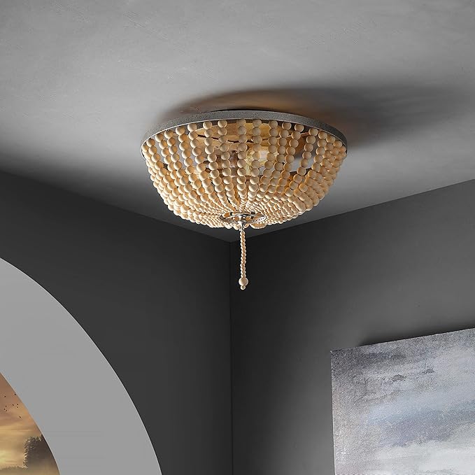 JONATHAN Y 15" Antique Silver/Cream Allison 3-Light LED Flush Mount Ceiling Light for Bedroom, Wood Beaded Shade Shabby Chic Farmhouse Rustic Decor, LED Bulbs Included (JYL9019C)