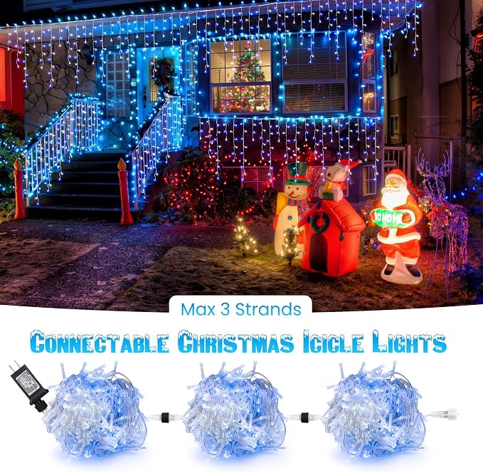 Toodour White & Blue Christmas Icicle Lights, 29.5ft 360 LED Icicle Lights, 8 Modes, 60 Drops, Window Curtain Led Christmas Light, Icicle Twinkle Light for Eaves, Party, Wedding, Xmas Decorations