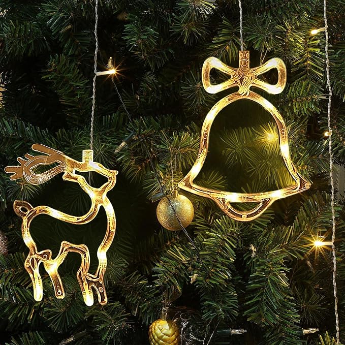 180 LED Christmas Curtain String Lights, 8.3 FT Linkable Warm White Window Fairy Lights with 12 Reindeer & Bell Pendants, 8 Modes Waterproof for Xmas Tree Holiday Party Decorations