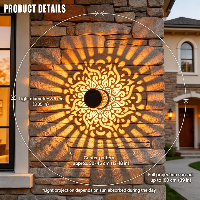 2-Pack Solar Mandala Fence Lights, Decorative Outdoor Solar Lights | Waterproof Metal Mandala Lights for Garden Patio Backyard Deck Post Decor