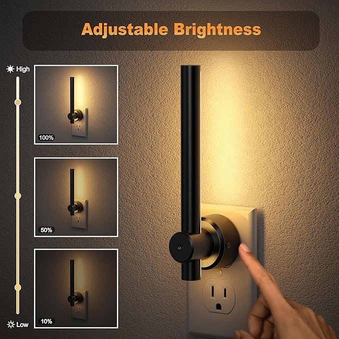 JandCase Night Light, Night Lights Plug into Wall with Dusk to Dawn Sensor, 330° Rotatable Plug, 0-100LM Dimmable Light Bar for Vanity Bedroom Bathroom, 1 Pack