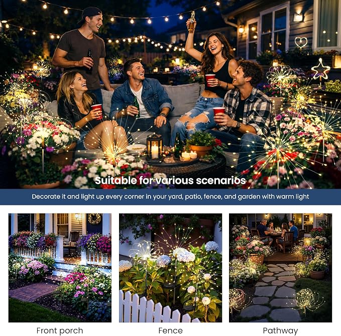 Solar Lights Outdoor, 120LED 8 Pack Fairy Garden Lights Decor for Outside Fireworks Lights Solar Powered for Yard, Patio, Pathway, Walkway, Balcony, Warm White