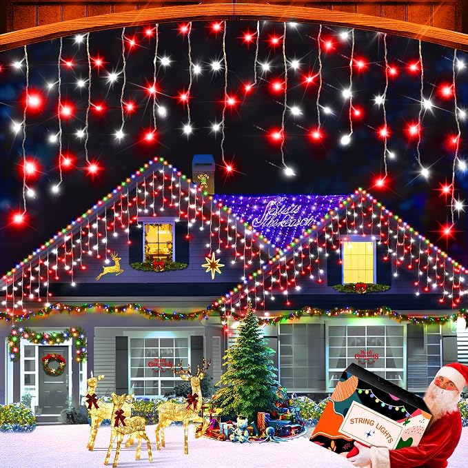 XURISEN 66ft Christmas Lights Decorations Outdoor, 640 LED 8 Modes Curtain Fairy Lights with 120 Drops,Plug in Waterproof Timer Memory Function for Christmas Holiday Wedding Party Decor(Red+White)