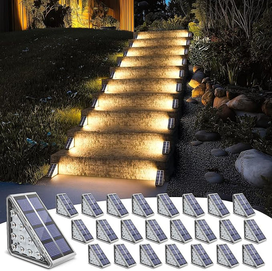 NIORSUN Outdoor Step Lights, 24 Pack Solar Stair Lights Outdoor Waterproof IP67 Auto On Off, Solar Lights for Steps,Stair,Patio,Yard,Porch,Front Door,Sidewalk,Deck Decor,Warm White