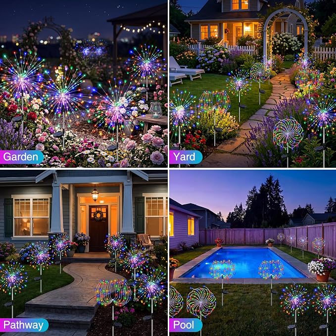 btfarm 1 Pack Solar Garden Lights Outdoor, 8 Modes Firework Lights Solar Powered, Waterproof Twinkle Fairy Light Outside for Yard Patio Pathway Pool Christmas Party Decorative, Multicolor