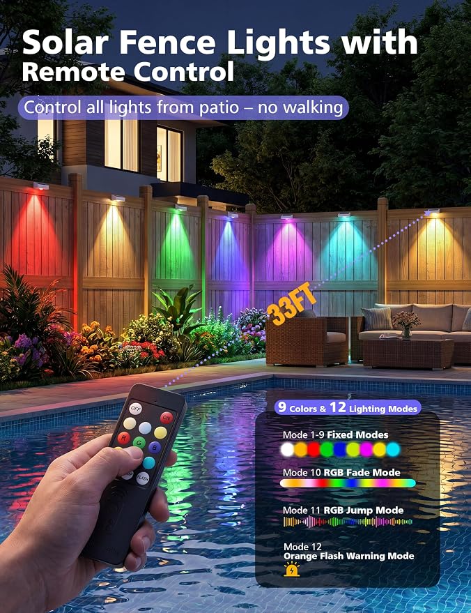 VOLISUN Solar Fence Lights with Remote Control, Fence Lights Solar Powered, IP65 Waterproof LED, RGB Color Changing Solar Light for Fence, Yard, Wall, Backyard (12 Pack,White)