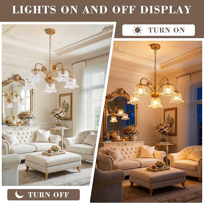 5-Light Vintage Chandeliers for Dining Room 25" Modern Gold Glass Chandelier Rustic Adjustable Pendant Light Fixture for Kitchen sland Living Room Bedroom