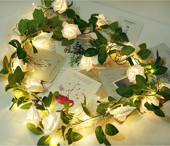 Rose Vine Lights with Remote, Battery or USB Operated Artificial Flower Garland, Hanging Fairy Lights for Bedroom Headboard, Valentine‘s Day, Wedding, Romantic Party Décor (White, 6.6)