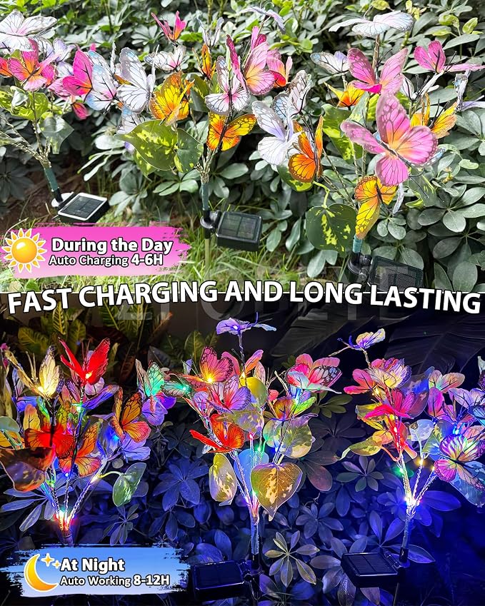 Solar Lights Outdoor Waterproof Decorative Solar Garden Lights Outside 4 Pack with 172 LED 68 Butterfly Flowers Garden Decor Yard Patio Lawn, Gifts for Women Mother's Day Mom