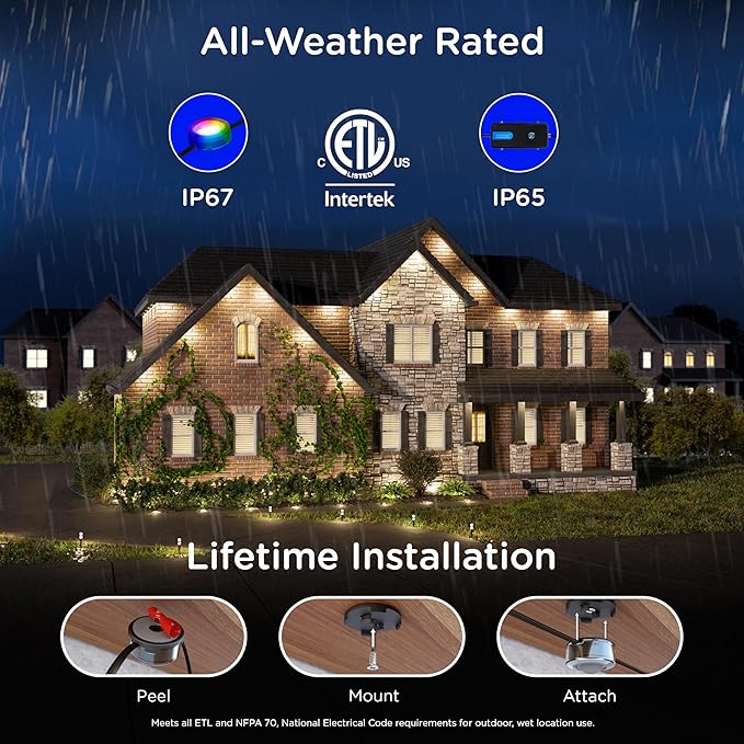 Enbrighten Vibe Eternity Accent Permanent Outdoor Lights for House, 100ft, 24 RGBWIC LEDs, Wide Spacing, 94lm, Tunable White, Everyday Eave Lighting, Smart App, Works with Alexa, Google Home, 85714