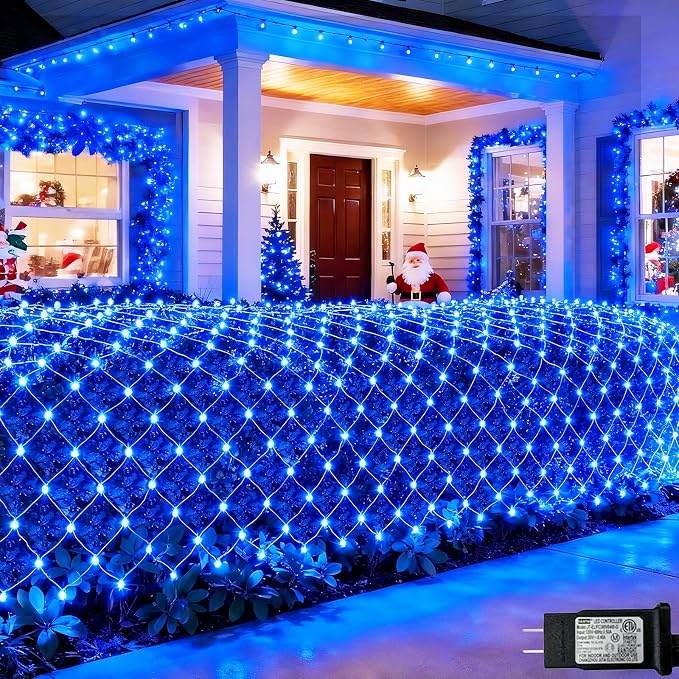 Pooqla Net Lights, 300LED Christmas Outdoor Mesh Light, 14.8x4.9 ft Fairy String Light with 8 Modes Green Wire, Connectable Waterproof for Bushes Tree Garden Christmas Decor, Blue