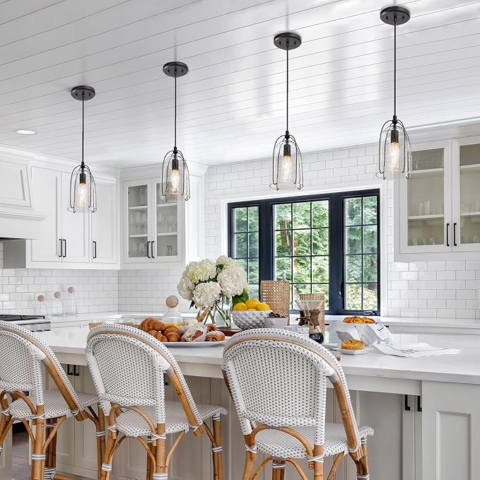 KSANA Modern Black Pendant Light, Farmhouse Pendant Lighting Fixture with Seeded Glass Shade for Kitchen Island, Dining Room, Living Room, Entryway, Stairway and Hallway
