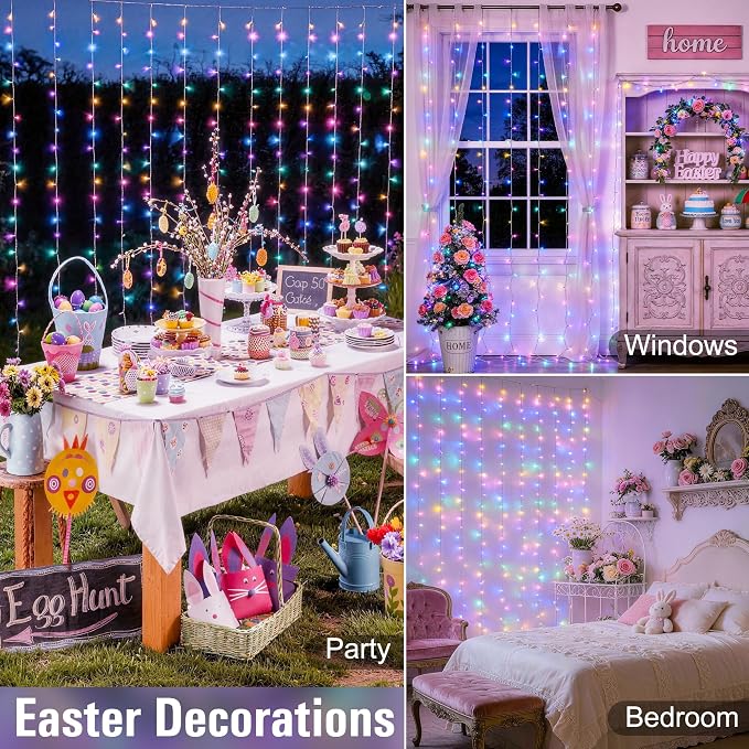 JMEXSUSS 300LED Easter Decorations Curtain Lights with Remote, 9.8x9.8ft Easter Sting Lights Plug in for Bedroom Wall Window Party Backdrop Porch Patio Garden Yard Indoor Outdoor Decor