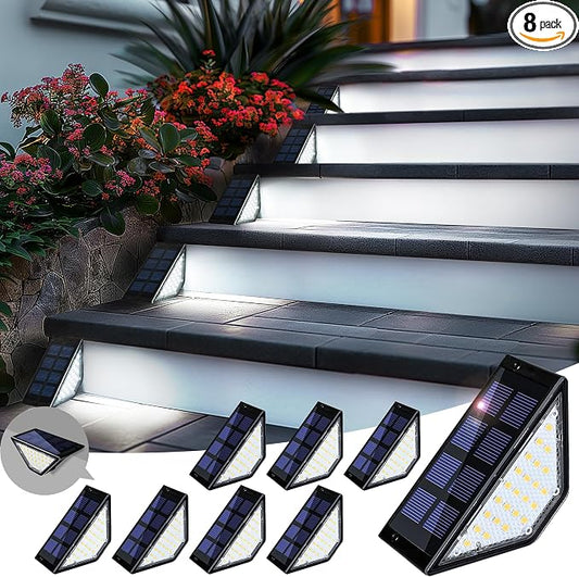 PATIOWIN 8 Pack Solar Step Lights for Outside, 24 LEDs Solar Stair Lights Waterproof IP65, Solar Deck Lights Outdoor Decor for Garden, Porch, Pathway, Patio, Fence(Cold White)