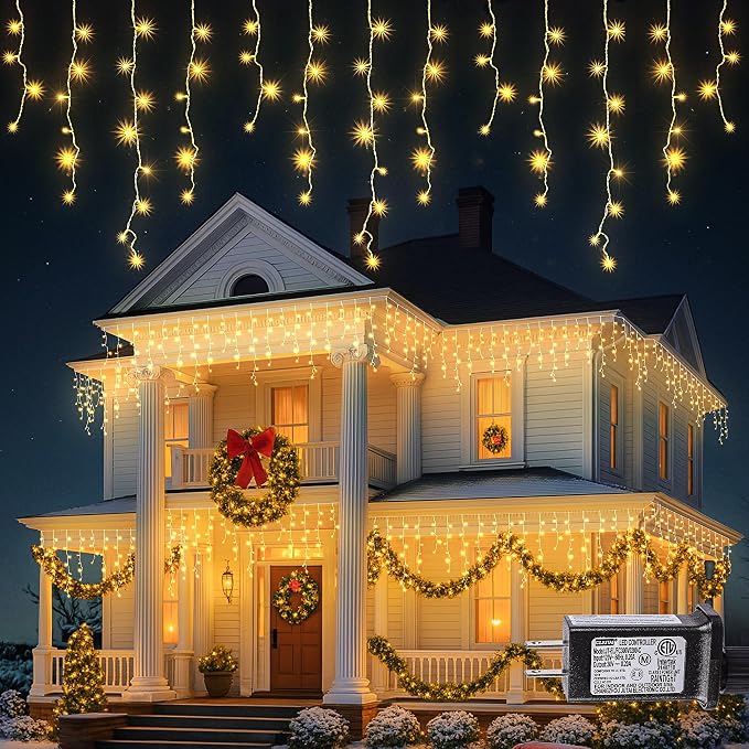 Hopolon 33FT 360 LED Warm White Christmas Icicle Lights, Waterproof Plug in | Outdoor icicle curtain lights with 60 drops, 8 modes, for Christmas, wedding, party, bedroom, garden, wall decor