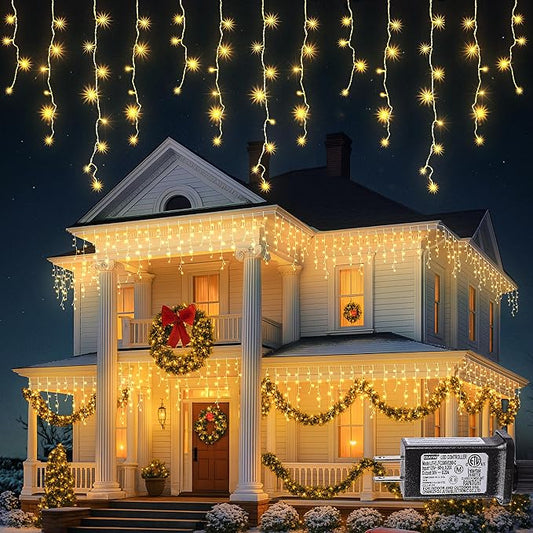 Hopolon 33FT 360 LED Warm White Christmas Icicle Lights, Waterproof Plug in | Outdoor icicle curtain lights with 60 drops, 8 modes, for Christmas, wedding, party, bedroom, garden, wall decor