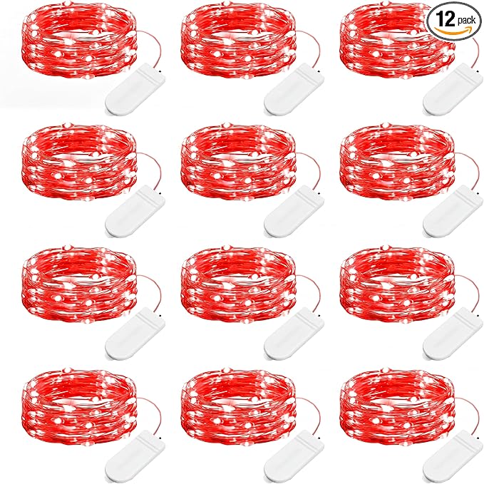 Brightown 12 Pack LED Fairy Lights, Waterproof, Red, 7 Feet, 20 LEDs, Battery Operated, Flexible Silver Wire, Safe, Energy Saving, Long-Lasting, Indoor and Outdoor Use