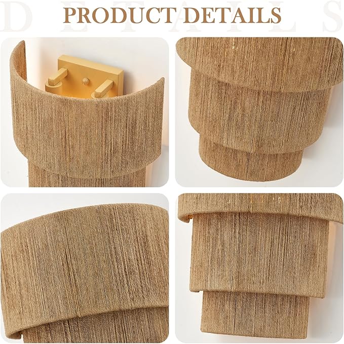 Set of 2 Hand Woven Rattan Wall Sconces 3 Round Transitional Minimalist Boho Wall Lights Coastal Wall Lamp for Bedside Hallway Vanity Stairway Fireplace Living Room, UL Listed