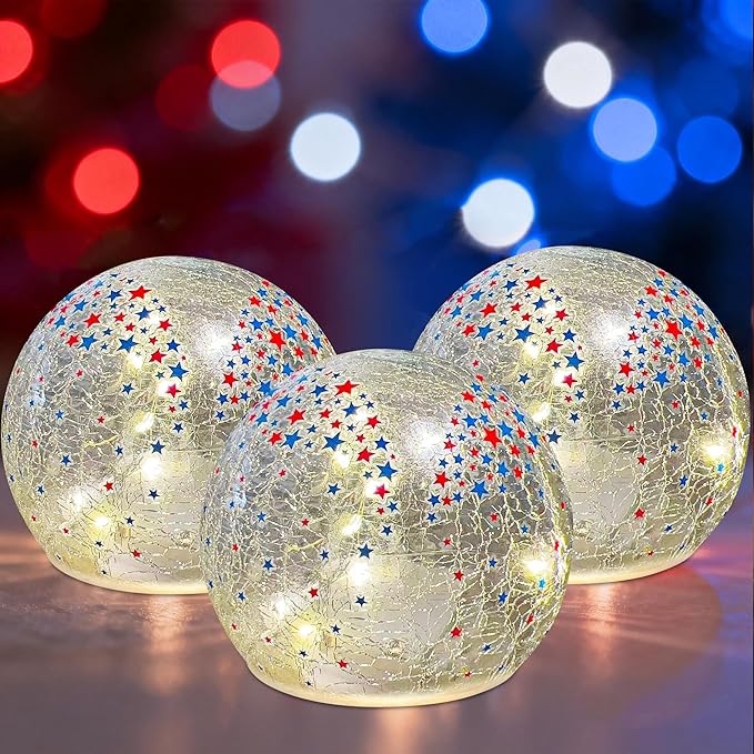 3PCS Independence Day Decorative Lights, 3.93-inch Independence Day Desktop Decoration LED Night Light, Cracked Glass Ball Light with Timer, 4th of July Decoration (Small Five-Pointed Star)