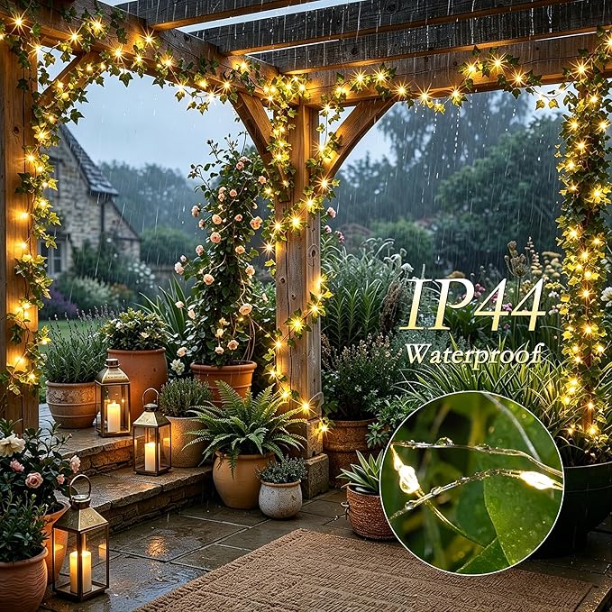66FT Ivy Vines with Fairy Lights, IP44 Waterproof 200LED String Lights with 8 Modes & Timer, Battery Operated Artificial Greenery Garland for Aesthetic Bedroom Wall Decor, Party, Wedding