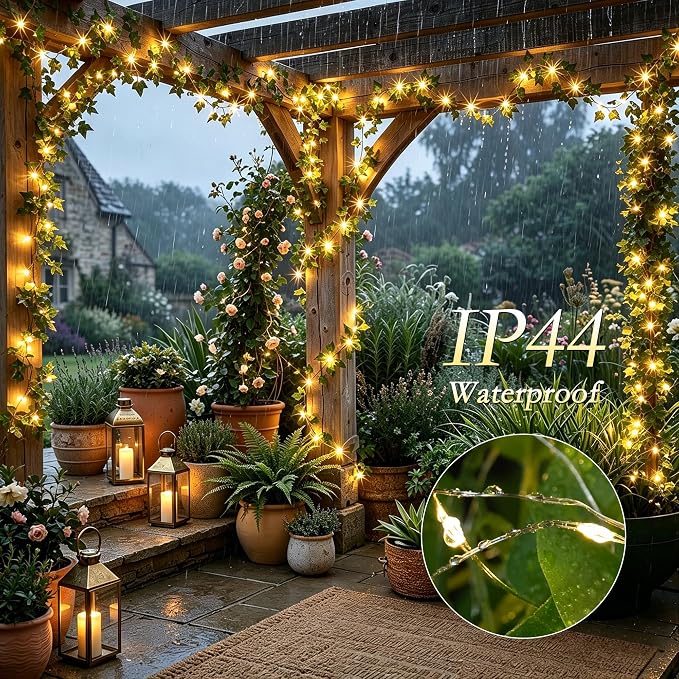 33FT Ivy Vines with Fairy Lights, IP44 Waterproof 100LED String Lights with 8 Modes & Timer, Battery Operated Artificial Greenery Garland for Aesthetic Bedroom Wall Decor, Party, Wedding