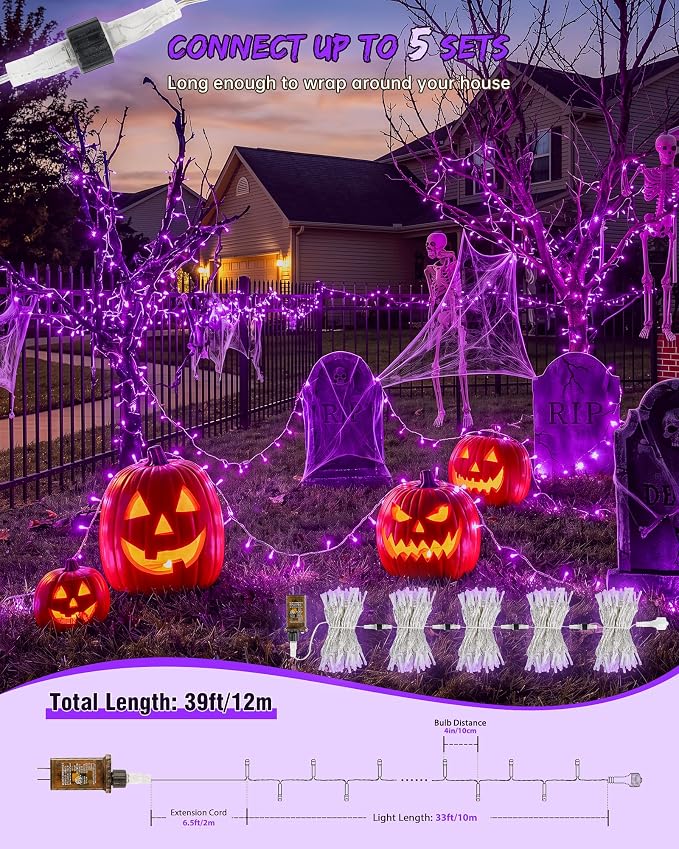 Halloween String Lights Indoor Outdoor,33FT 100 LED Purple Christmas Twinkle Lights,13 Modes Fairy Lights Plug in,Connectable IP65 Waterproof for Xmas Room Tent Patio Tree Party Decor(Purple)