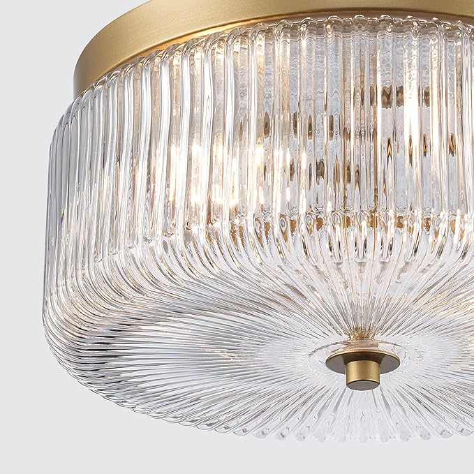 Ashbourne Semi Flush Mount Ceiling Light, Modern Gold Finish with Clear Ribbed Glass Shade, Mid-Century Drum Fixture for Bedroom, Kitchen, Hallway, Dining Room & Entryway, E26 Base