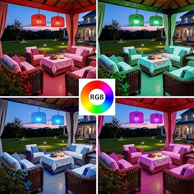 Battery Operated Chandelier Rechargeable, Outdoor Pendant Light Cordless with RGB LED Bulb, Boho Hanging Lights with Remote for Gazebo, Porch, Patio, Pergola, Indoor Decor,Set of 2