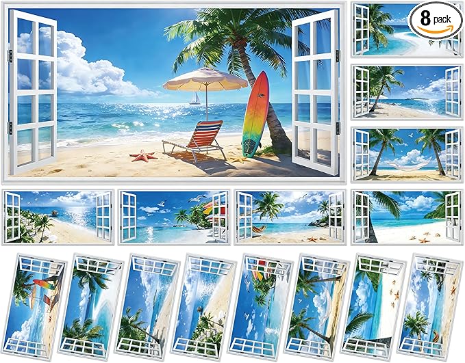 8 Pcs Summer Beach Fluorescent Light Covers for Classroom Ceiling Light 4 x 2 Feet Magnetic Lights Cover Filter Easy Install for Back to School Office Hospital Ceiling Supply (Windows Seascape)
