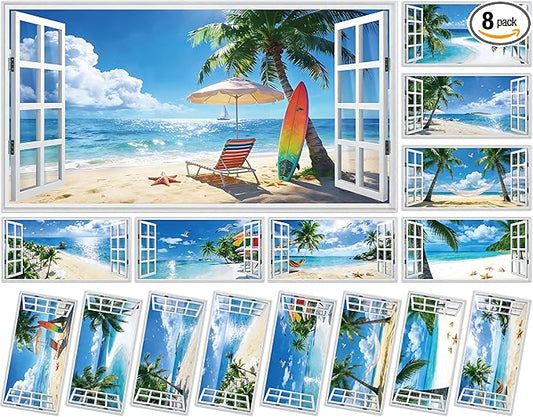 8 Pcs Summer Beach Fluorescent Light Covers for Classroom Ceiling Light 4 x 2 Feet Magnetic Lights Cover Filter Easy Install for Back to School Office Hospital Ceiling Supply (Windows Seascape)