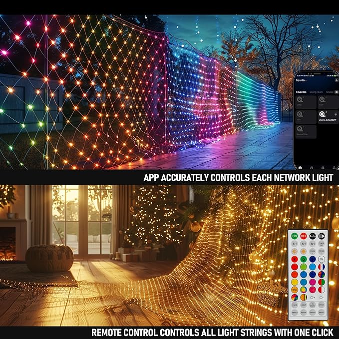 Dazzle Bright Smart Christmas 360 LED Net Lights, 12FT x 5FT RGB Color Changing String Lights Clear Wire with Remote & APP Control, Christmas Decoration for Indoor Outdoor Xmas Party Yard Garden Decor