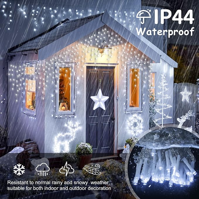 Icicle Lights Outdoor Decorations 300 LED 33ft 8 Modes Curtain Fairy String Light with 50 Drops, LED String Light Indoor for Wedding Party Holiday Christmas Decorations,White