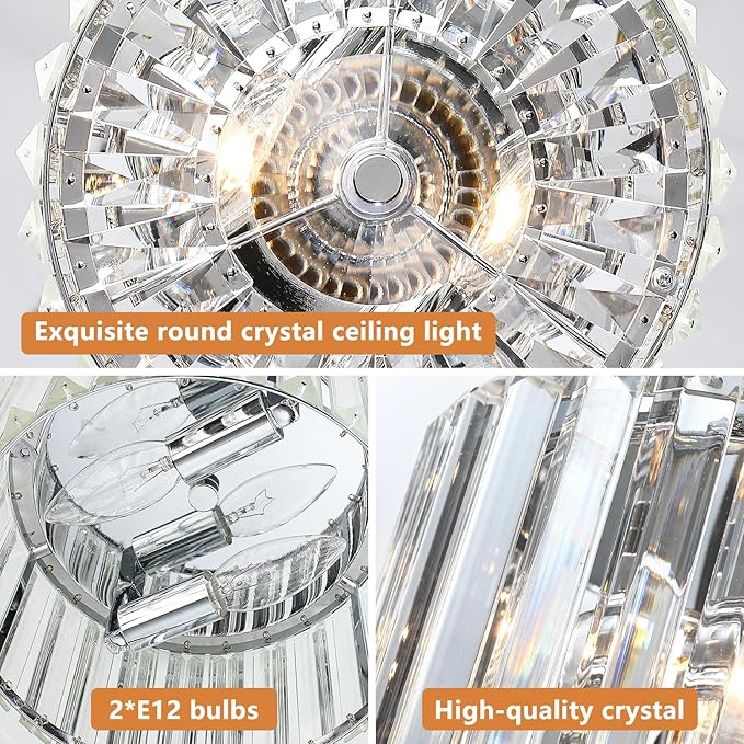 Crystal Ceiling Light, Modern Semi Flush Mount Ceiling Lighting Fixture, 8.89" Round Hallway Lighting Fixtures for Kitchen Entryway Laundry Room, 2-Light, Chrome, XDD007-1-CH