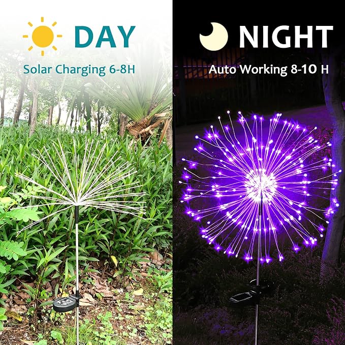 JJGoo Solar Firework Lights, 2 Pack 180 LEDs 2 Lighting Modes Solar Lights Outdoor Waterproof for Garden Patio Walkway Pathway Party Wedding Christmas Decorative - Purple