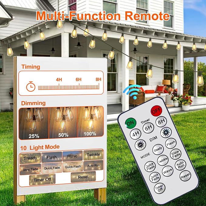 BLIATLUS 55FT Solar String Lights Outdoor Waterproof with Remote Control Solar Patio Lights 24+2 shatterproof LED ST38 Bulbs for Porch Garden Market Bistro Patio Backyard Fence