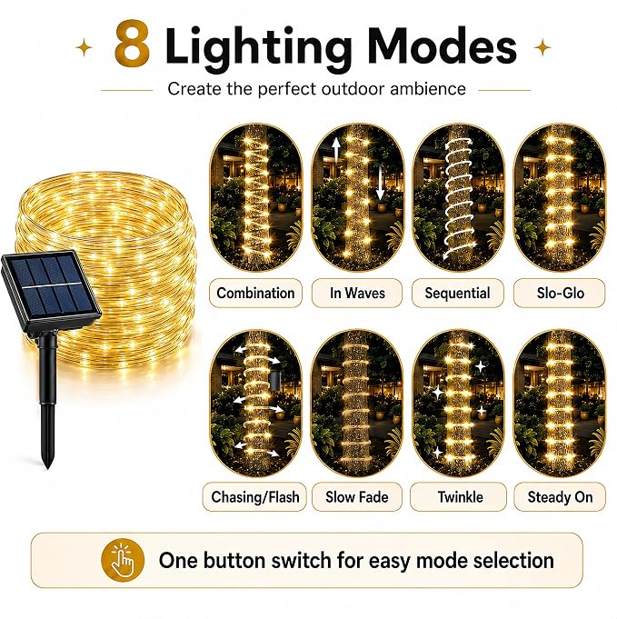 LairtPOW Solar Rope Light 3 Pack 39 FT 100 LEDs IP65 Waterproof Outdoor LED ‎Solar Outdoor Lights for Party Garden Yard Home Wedding Christmas Halloween Holiday Tree Decoration Lighting(3 Pack)