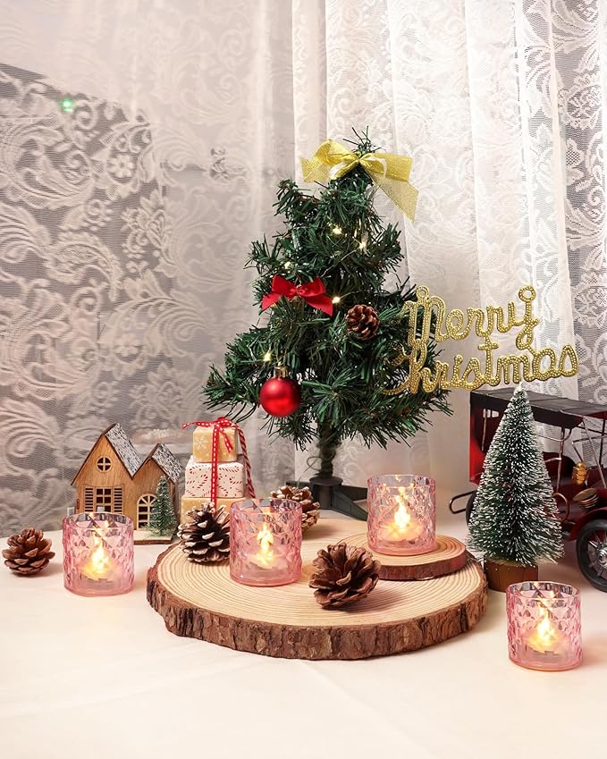 Homemory 2" x 2" Acrylic Votive Candle Holders with Auto Timer Flameless Led Tealight with, Battery Powered Fake Electric Candles for Wedding Centerpiece, Table, Christmas Decor (6Pack, Pink Base)