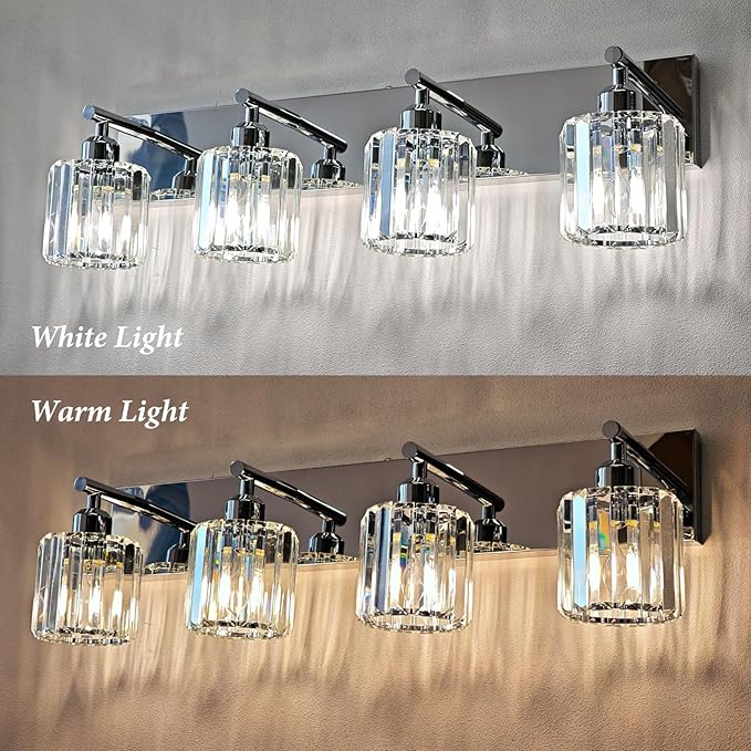 Brushed Chrome Crystal Bathroom Vanity Light, 4-Light Modern Bathroom Lighting Fixtures Over Mirror,Chrome Wall Sconce Light Fixtures with Round Shade