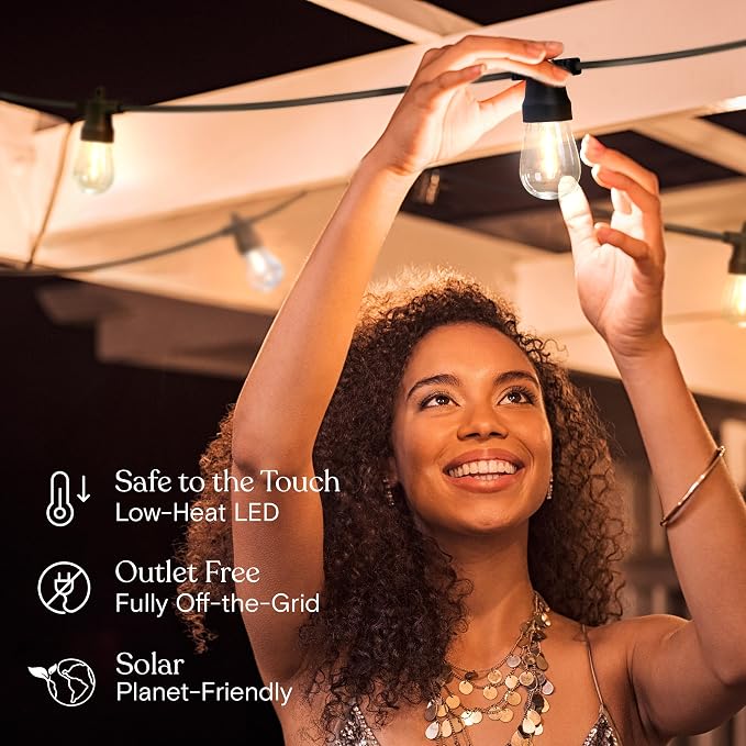 Brightech Ambience Hybrid Outdoor String Lights - Dual Plug and Solar Powered Waterproof LED Light String for Outside - Dimmable Soft White Edison Bulbs for Camping, Patio, Cafe, Yard - 48ft, 4W