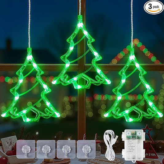 Christmas Window Lights,3 Pack 30LED Green Christmas Tree Light Battery Powered,Timer Memory Hanging Silhouette Xmas Twinkle Light 8 Mode for Wall,Bedroom,Indoor Outdoor Christmas Decoration