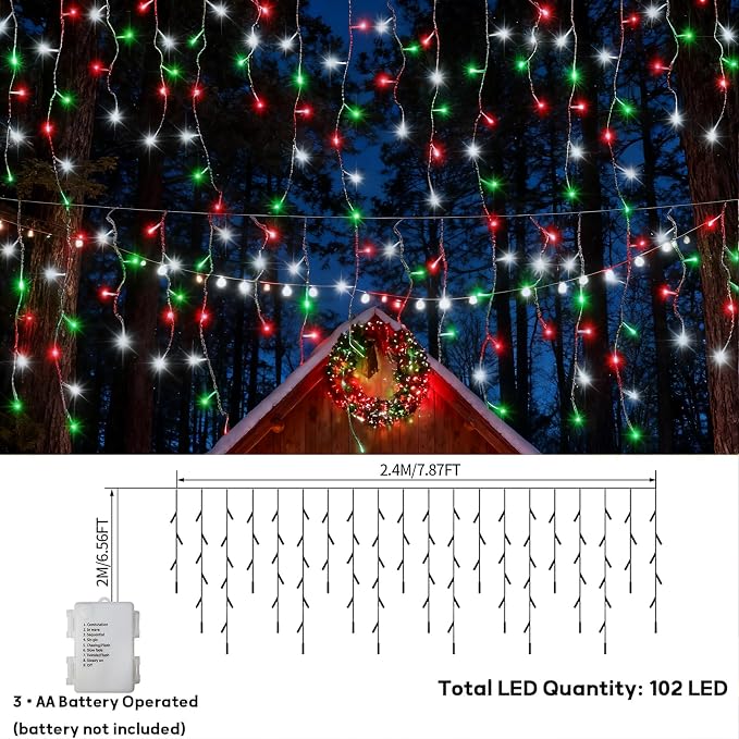 2 Pack Red White Green Christmas Icicle Lights Battery Operated, Total 204 LED Twinkle Icicle Lights 20Ft Clear Wire with 8 Lighting Modes Timer Function for Outdoor Indoor House Party Decoration