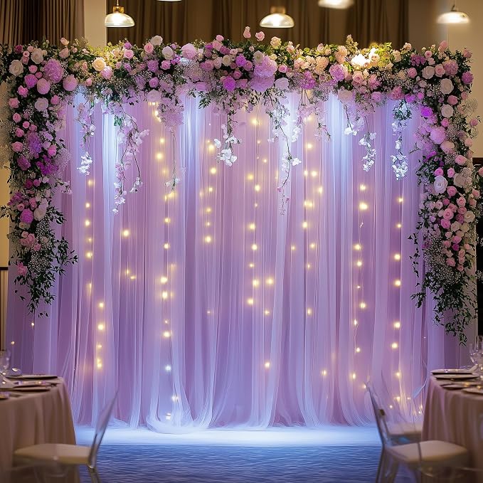 Tulle Backdrop Curtain with Lights String 10FT X 10FT Lavender Sheer Tulle Backdrop Curtains for Wedding Birthday Party Reception Photo Booth Background Decorations (2 Panels 5x10FT)