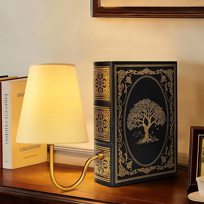 AELS Vintage Bookshelf Lamp with Bulb, Cordless Touch Dimmable Table Lamp with Linen Fabric Shade, Battery Operated, Modern Farmhouse, Book Sconce for Office Home Bedroom, Tree of Life Black & Gold