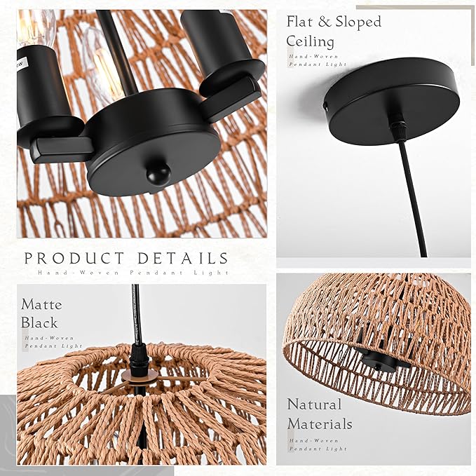 17.6 inch Hemp Rope Woven Pendant Light Wicker Pendant Light 3-light Rattan Light Fixture Boho Chandelier Farmhouse Chandelier Dome Pendants Light for Dining Room Bedroom Kitchen(Bulb Incl